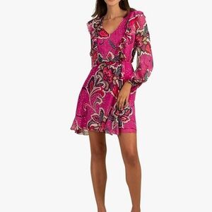 Trina Turk Saka Dress in metallic georgette with ruffle detail. NWT